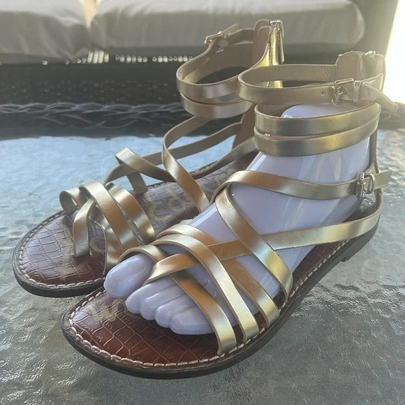 Sam Edelman Ganesa Gladiator Sandals Gold Strappy Flat Leather Women’s 8.5 - Picture 4 of 11